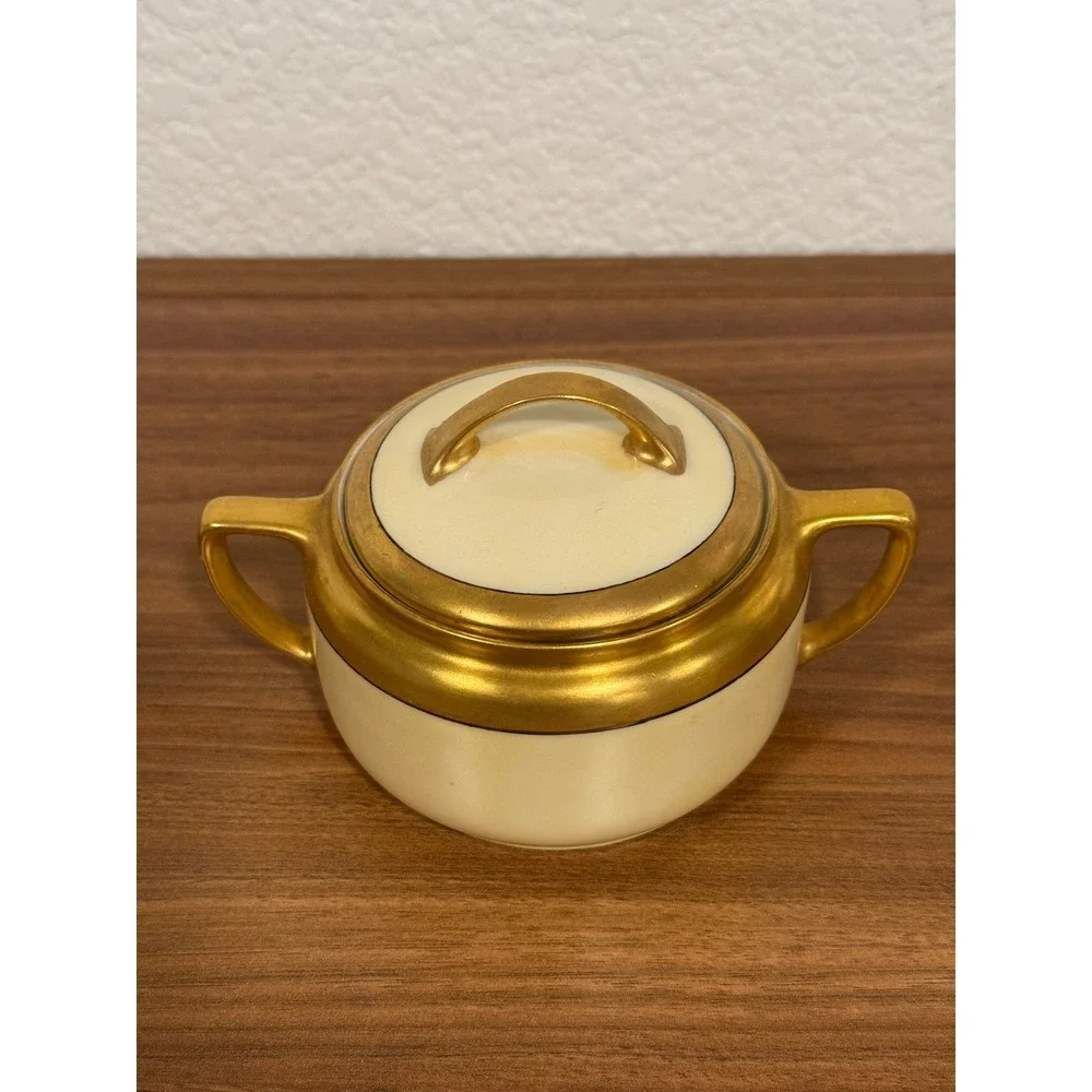 VTG 1940s Germany F.D. Husf Cream Gold Gilding Trim Sugar Bowl Lid & Creamer Set